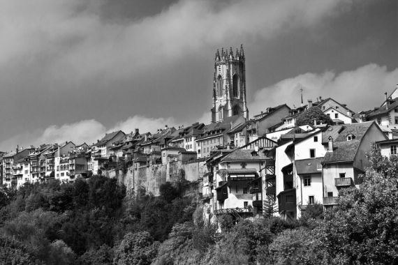 European town with cathedral in background